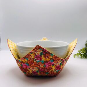 Microwave Soup Bowl Cozy, Reversible Bowl Orange Pinks And Yellow Florals